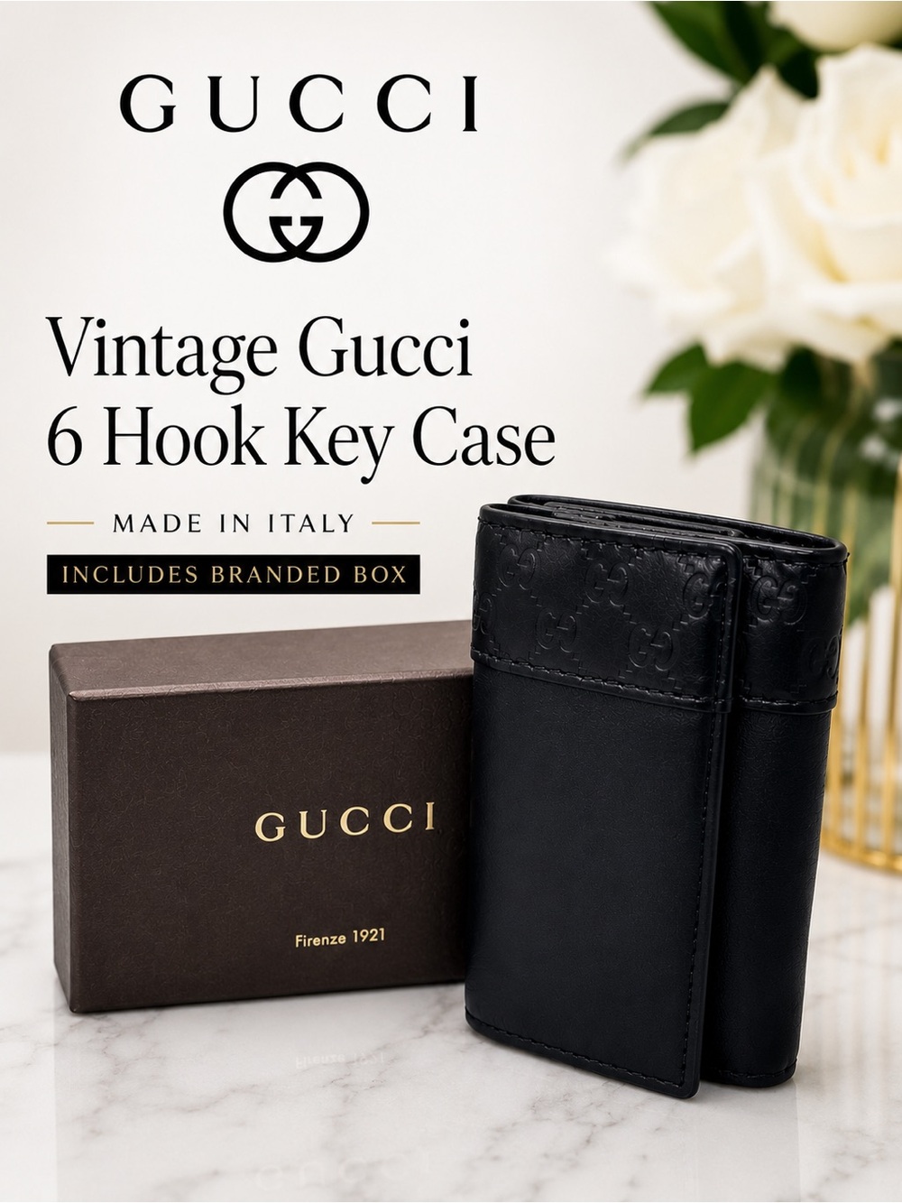 Vintage Gucci Black Leather 6 Hook Key Case GG Monogram Italy
